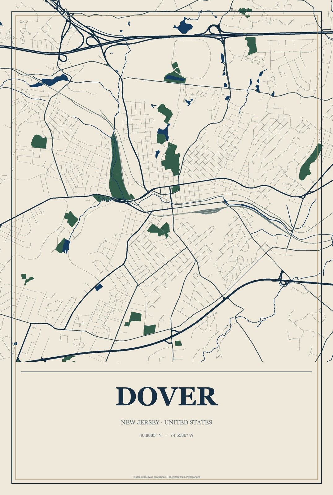 Dover, New Jersey City Map Aluminum Sign in Coastal Cutout style