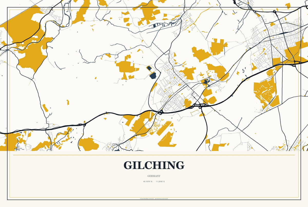 Gilching, Germany City Map Aluminum Sign in Citrine Modern style