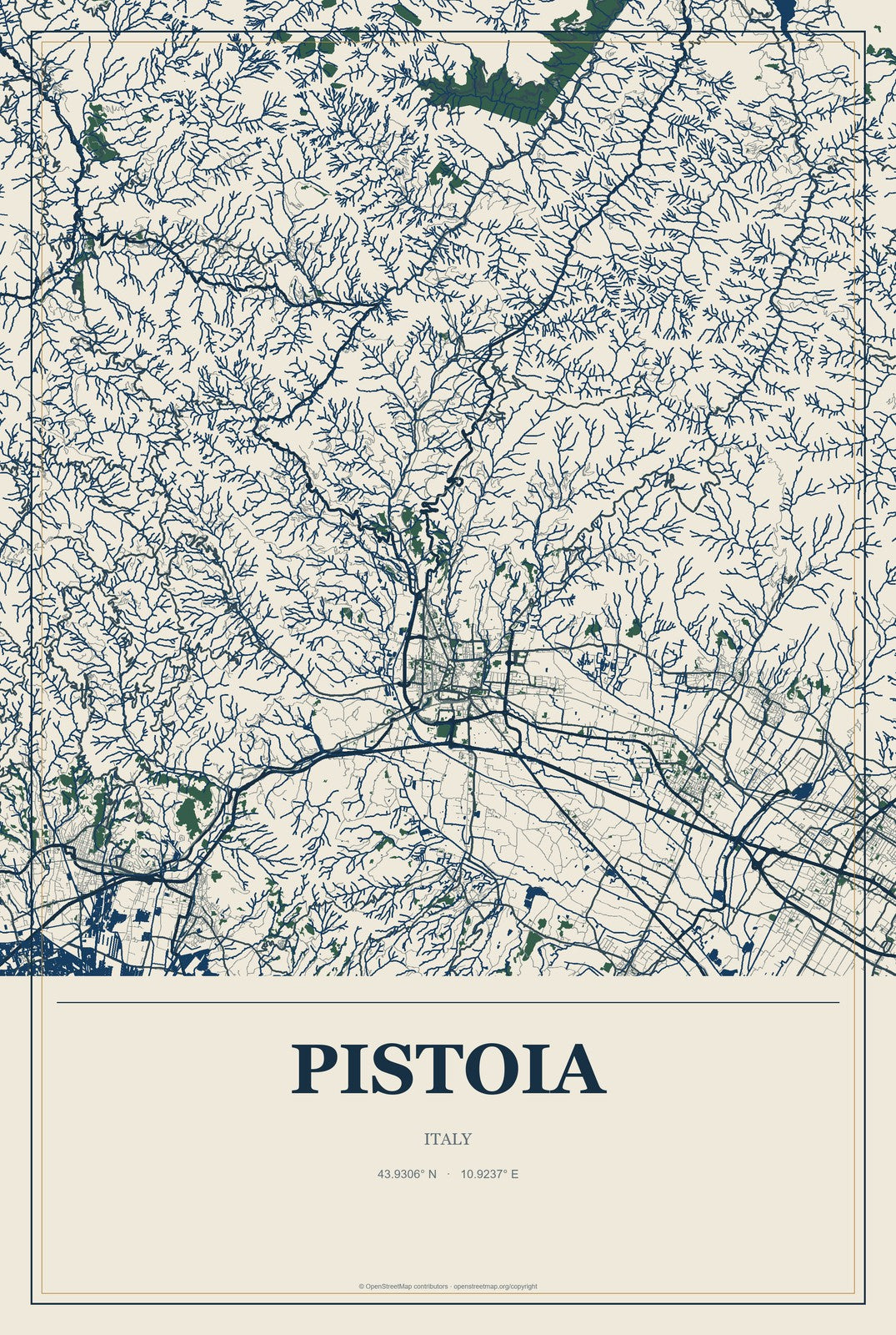 Pistoia, Italy City Map Aluminum Sign in Coastal Cutout style