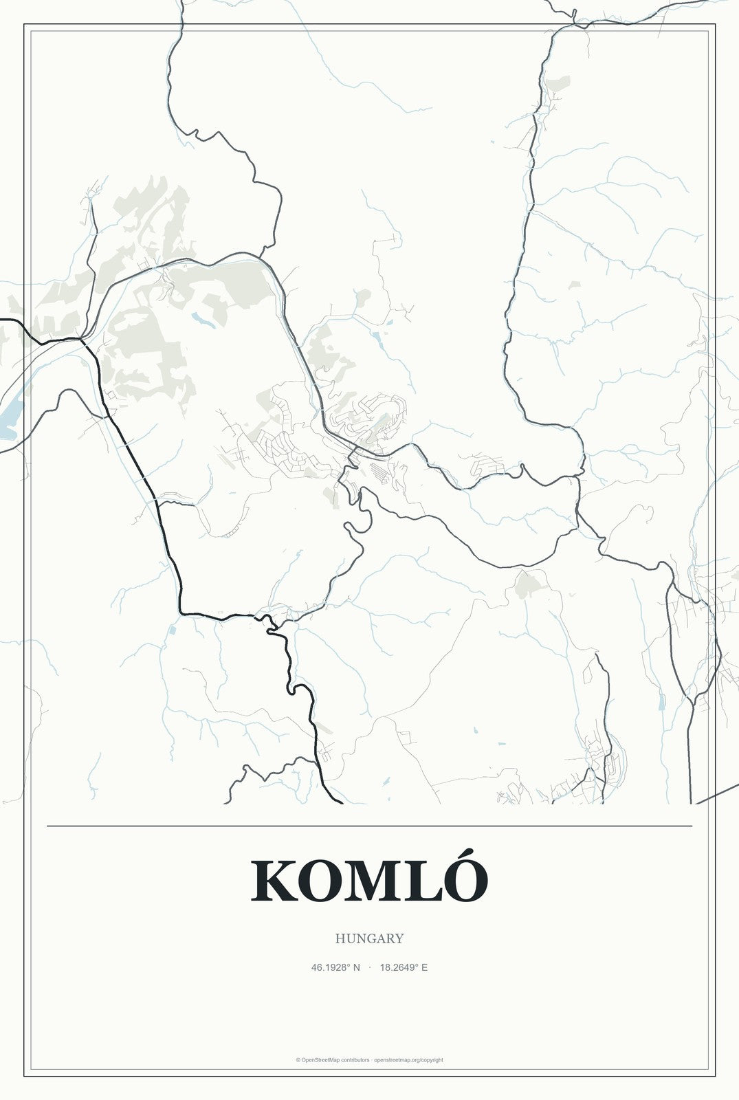 Komló, Hungary City Map Aluminum Sign in Gallery Air style