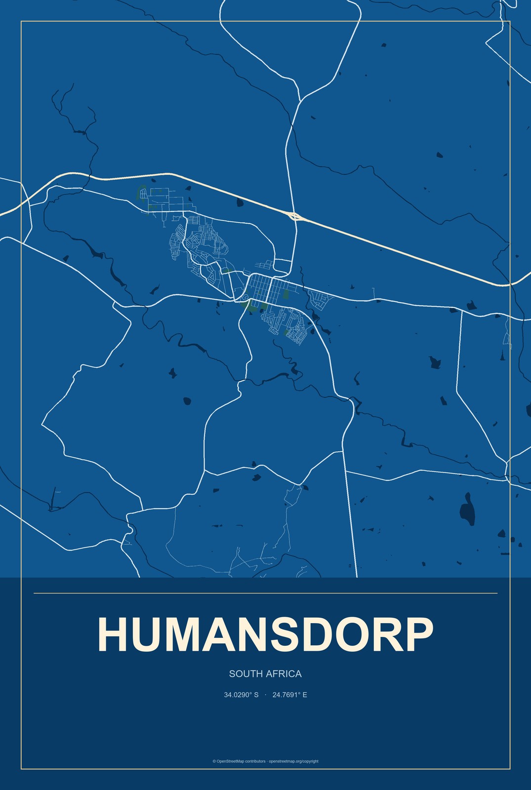 Humansdorp, South Africa City Map Aluminum Sign in Harbor Cobalt style