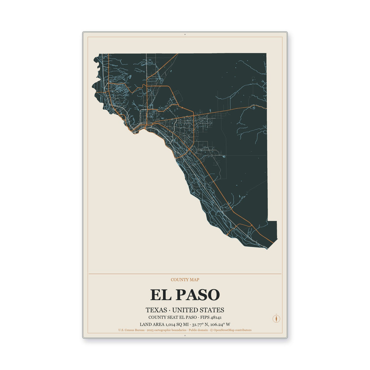 El Paso County, Texas Map Aluminum Sign in Headline Atlas style