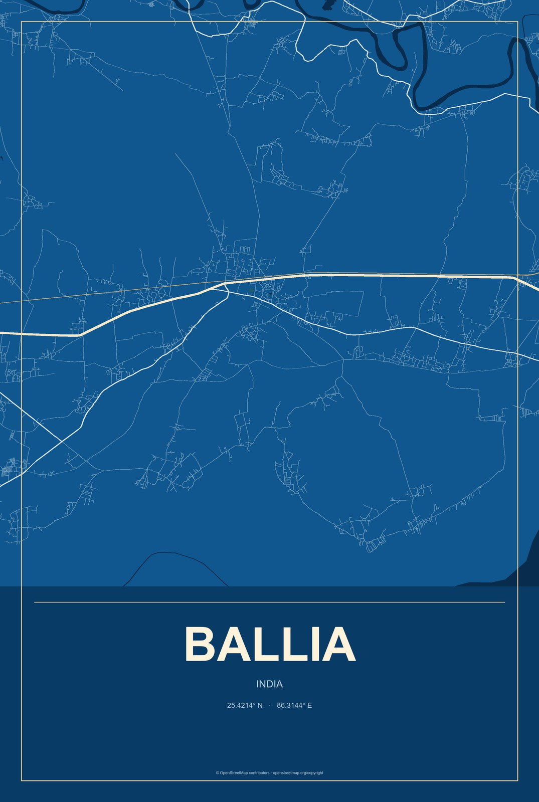 Ballia, India City Map Aluminum Sign in Harbor Cobalt style