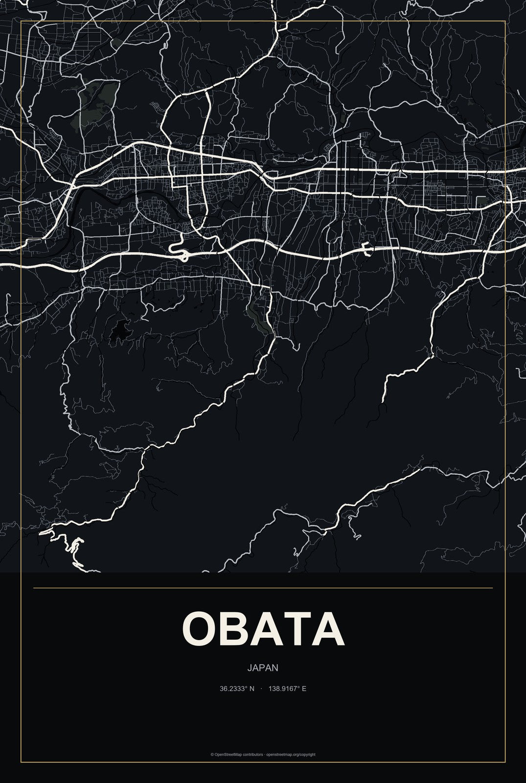 Obata, Japan City Map Aluminum Sign in Metropolitan Noir style