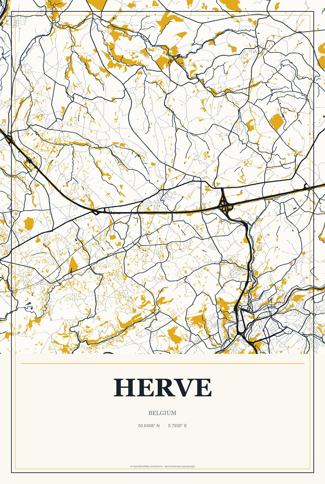 Herve, Belgium City Map Aluminum Sign in Citrine Modern style