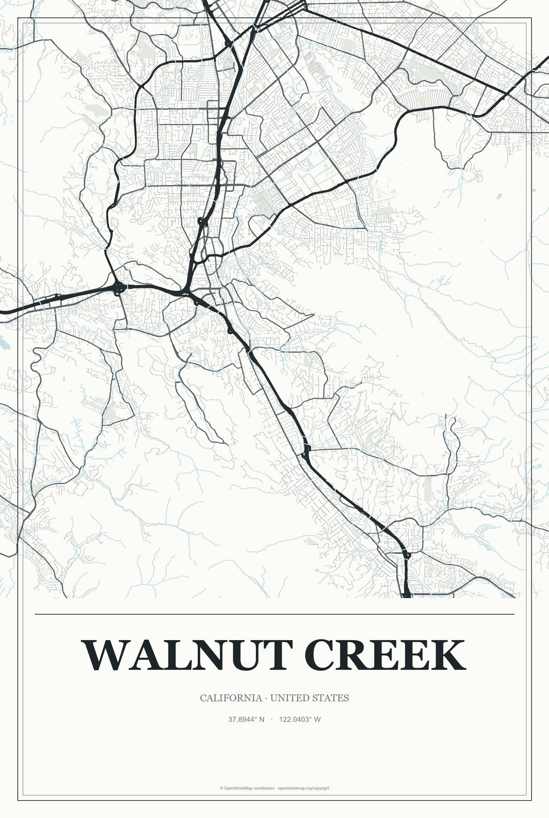 Walnut Creek, California City Map Aluminum Sign in Gallery Air style