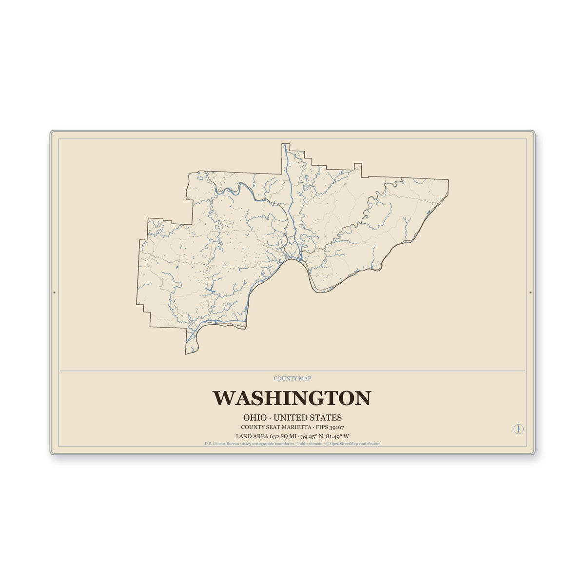 Washington County, Ohio Map Aluminum Sign in Heritage Nautical style