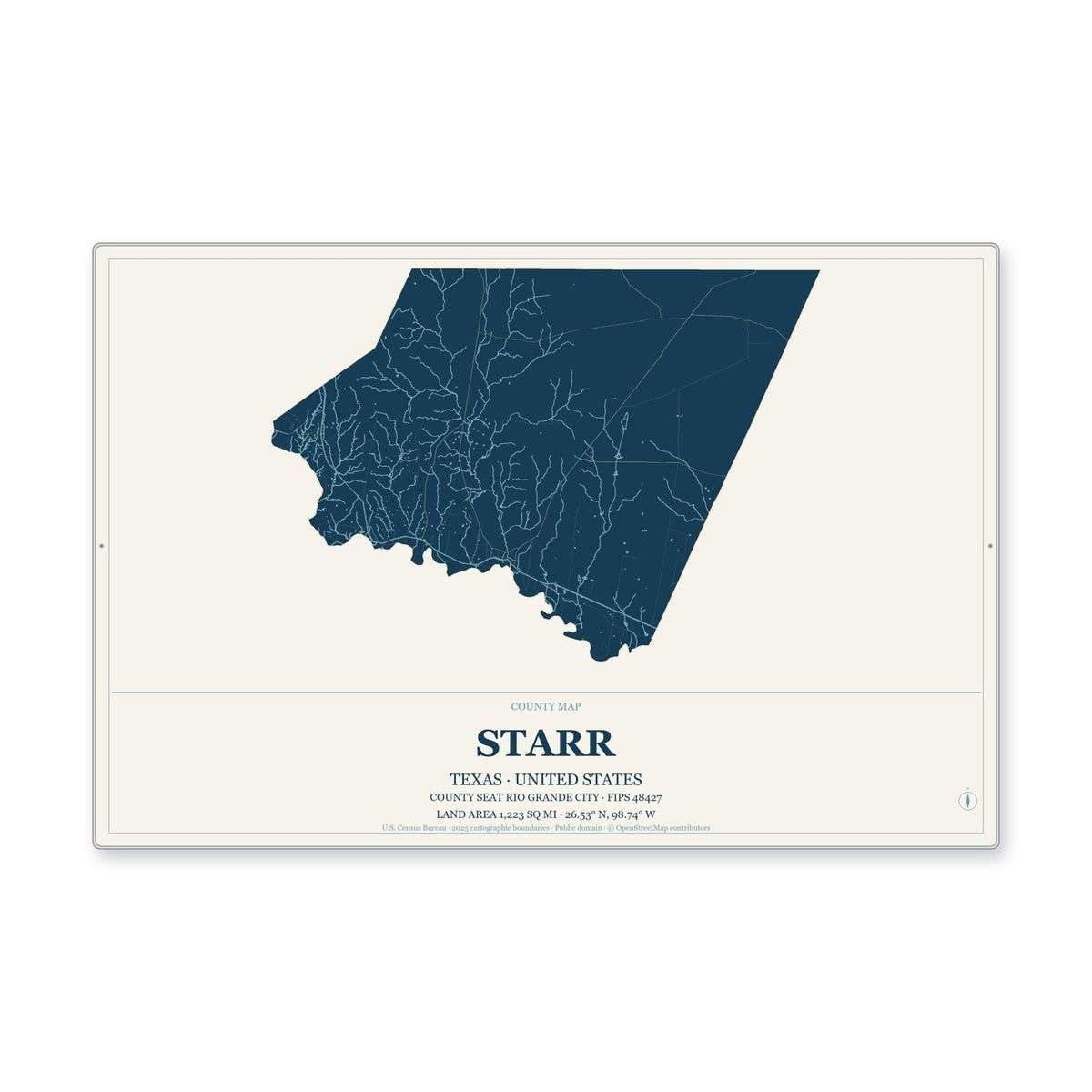 Starr County, Texas Map Aluminum Sign in Coastal Cutout style