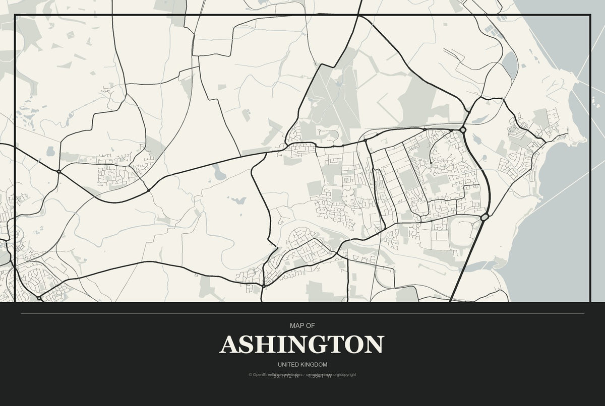 Ashington, United Kingdom City Map Aluminum Sign in Museum Plaque style