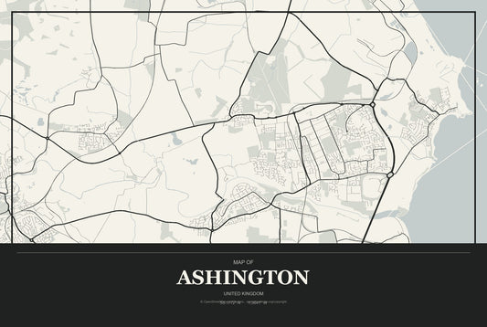 Ashington, United Kingdom City Map Aluminum Sign in Museum Plaque style