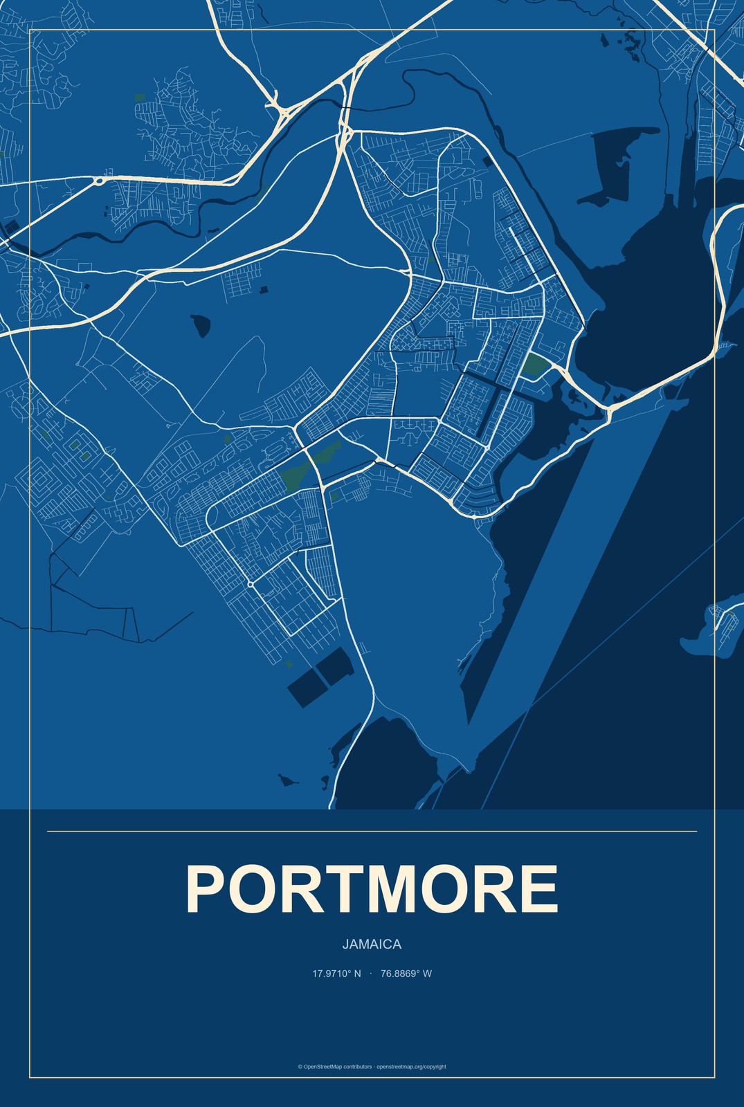 Portmore, Jamaica City Map Aluminum Sign in Harbor Cobalt style