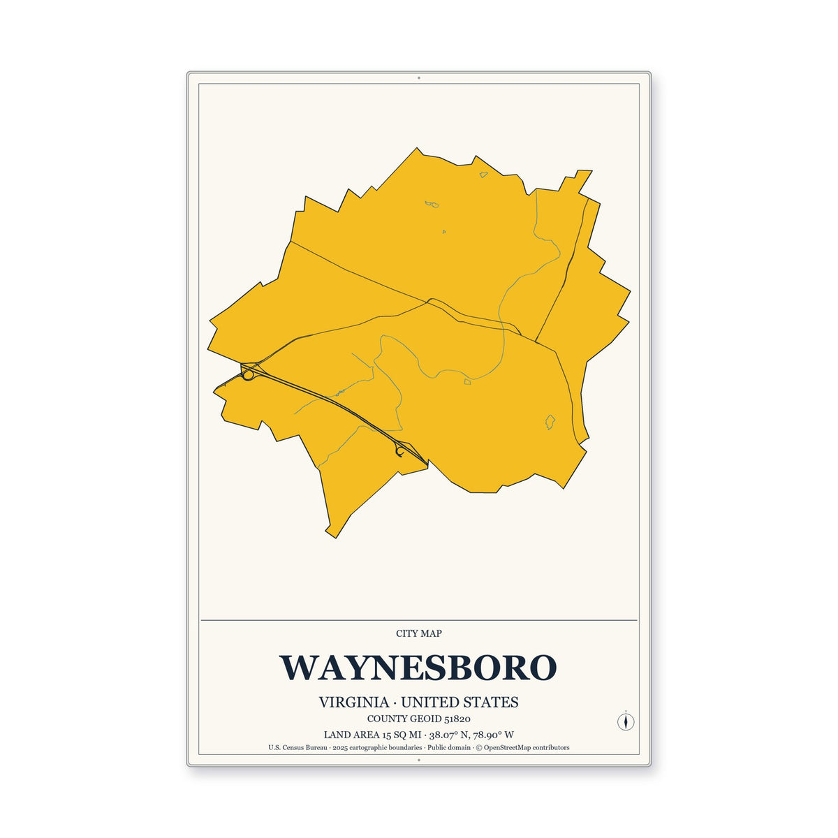 Waynesboro city, Virginia Map Aluminum Sign in Citrine Modern style
