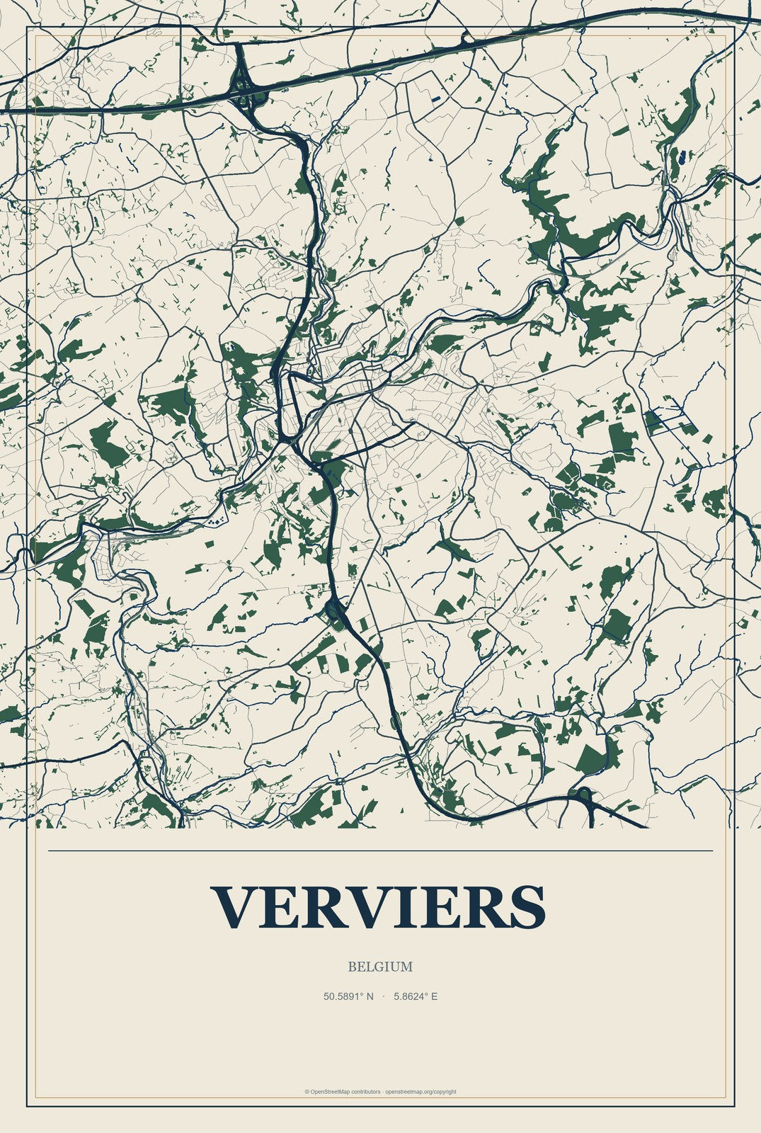 Verviers, Belgium City Map Aluminum Sign in Coastal Cutout style