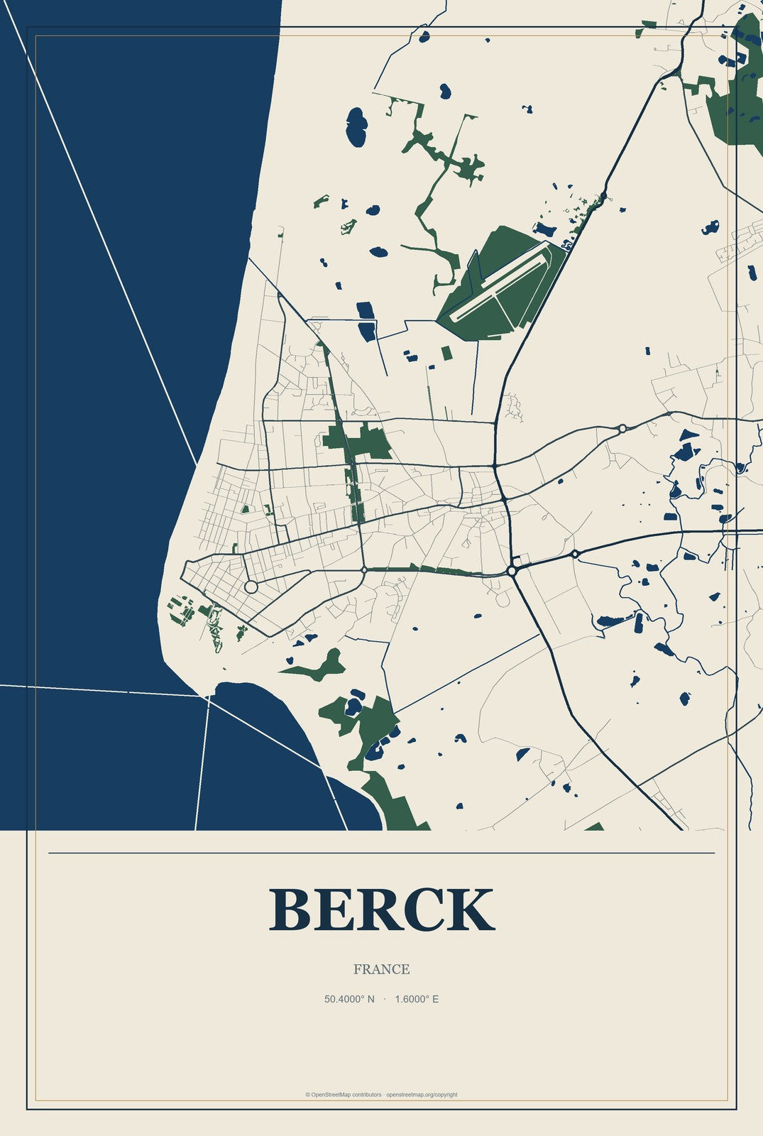 Berck, France City Map Aluminum Sign in Coastal Cutout style