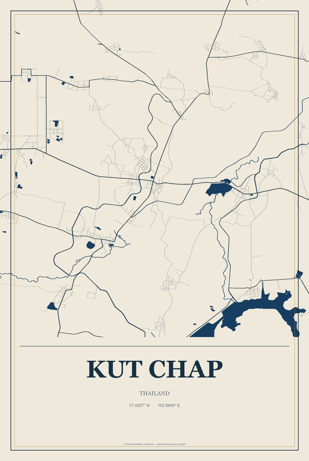 Kut Chap, Thailand City Map Aluminum Sign in Coastal Cutout style