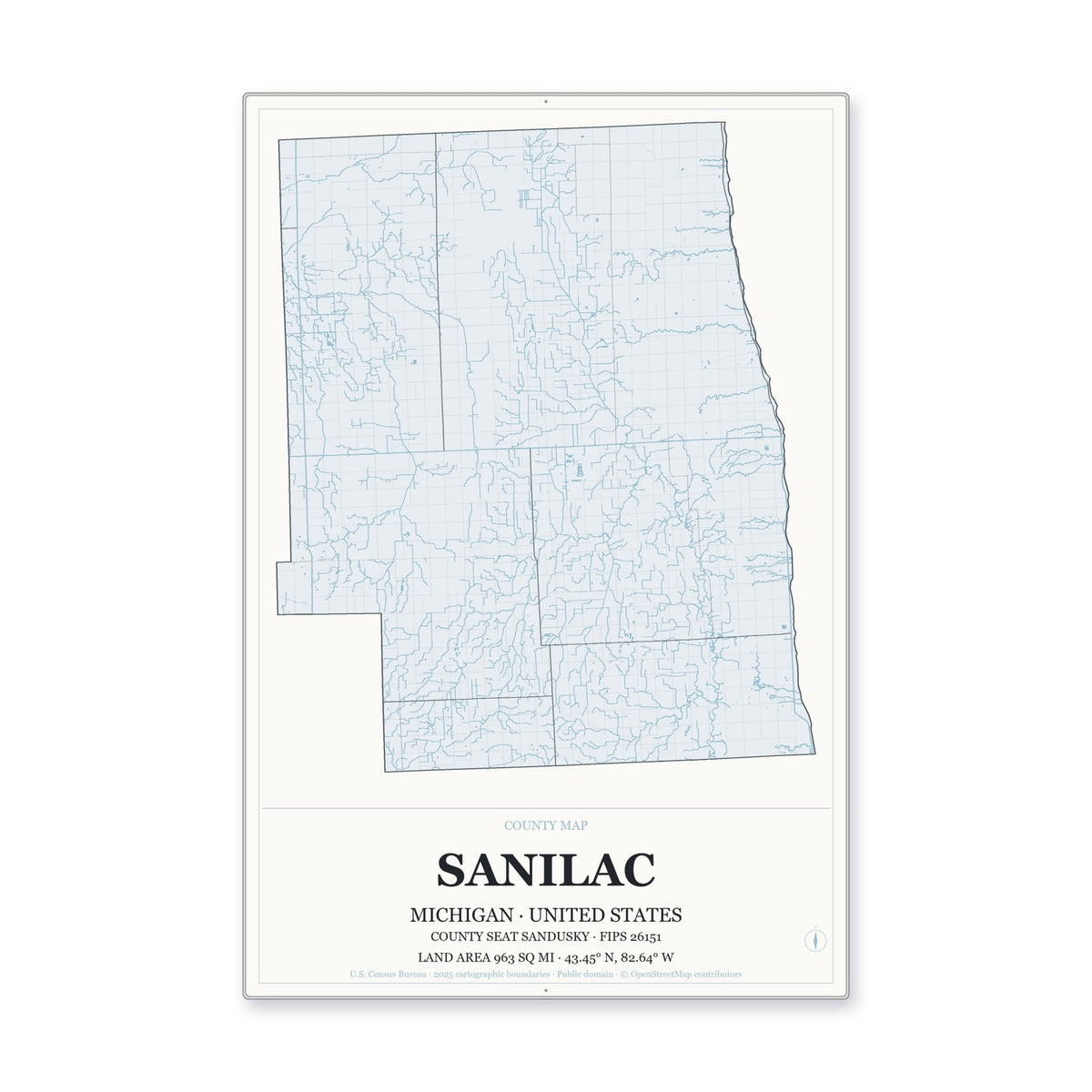 Sanilac County, Michigan Map Aluminum Sign in Gallery Air style