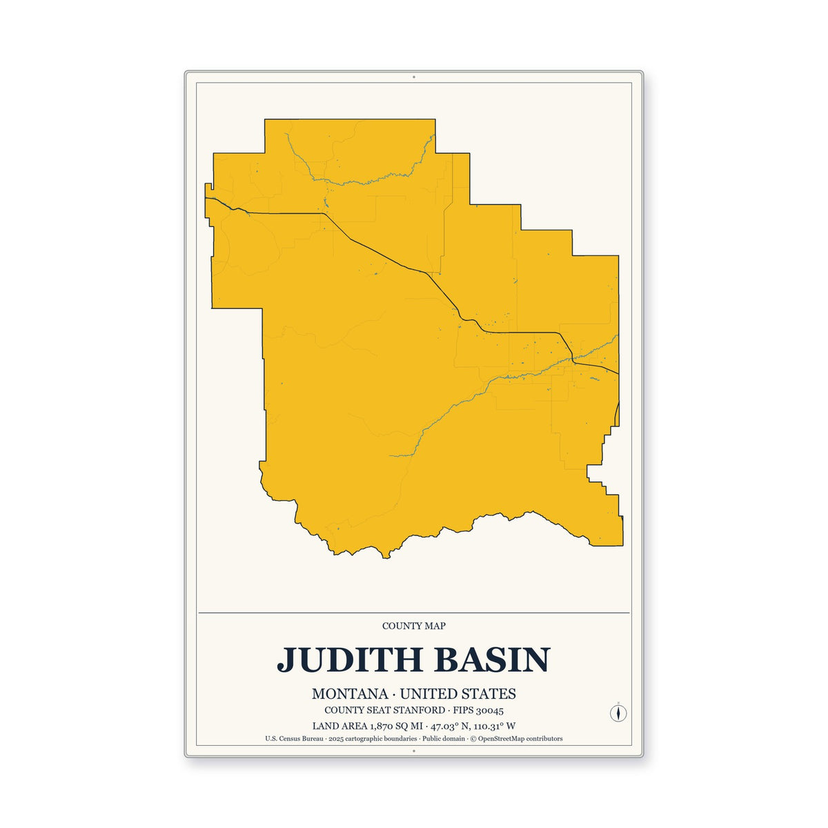 Judith Basin County, Montana Map Aluminum Sign in Citrine Modern style