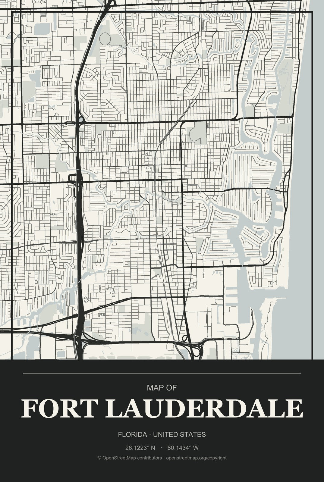 Fort Lauderdale, Florida City Map Aluminum Sign in Museum Plaque style