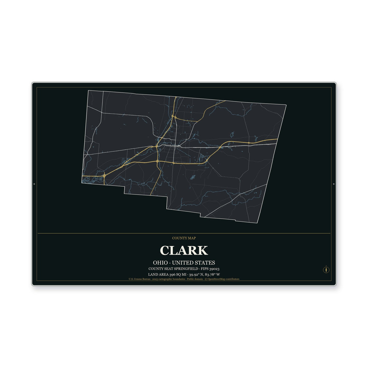 Clark County, Ohio Map Aluminum Sign in Metropolitan Noir style