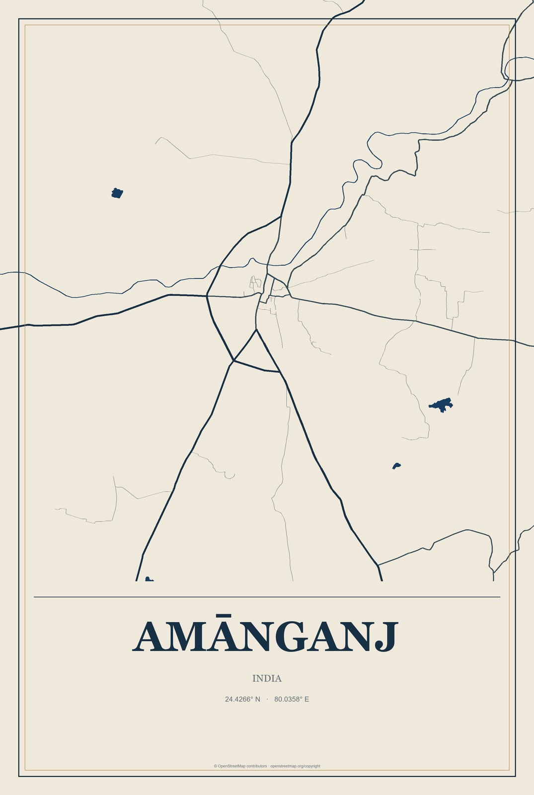 Amānganj, India City Map Aluminum Sign in Coastal Cutout style