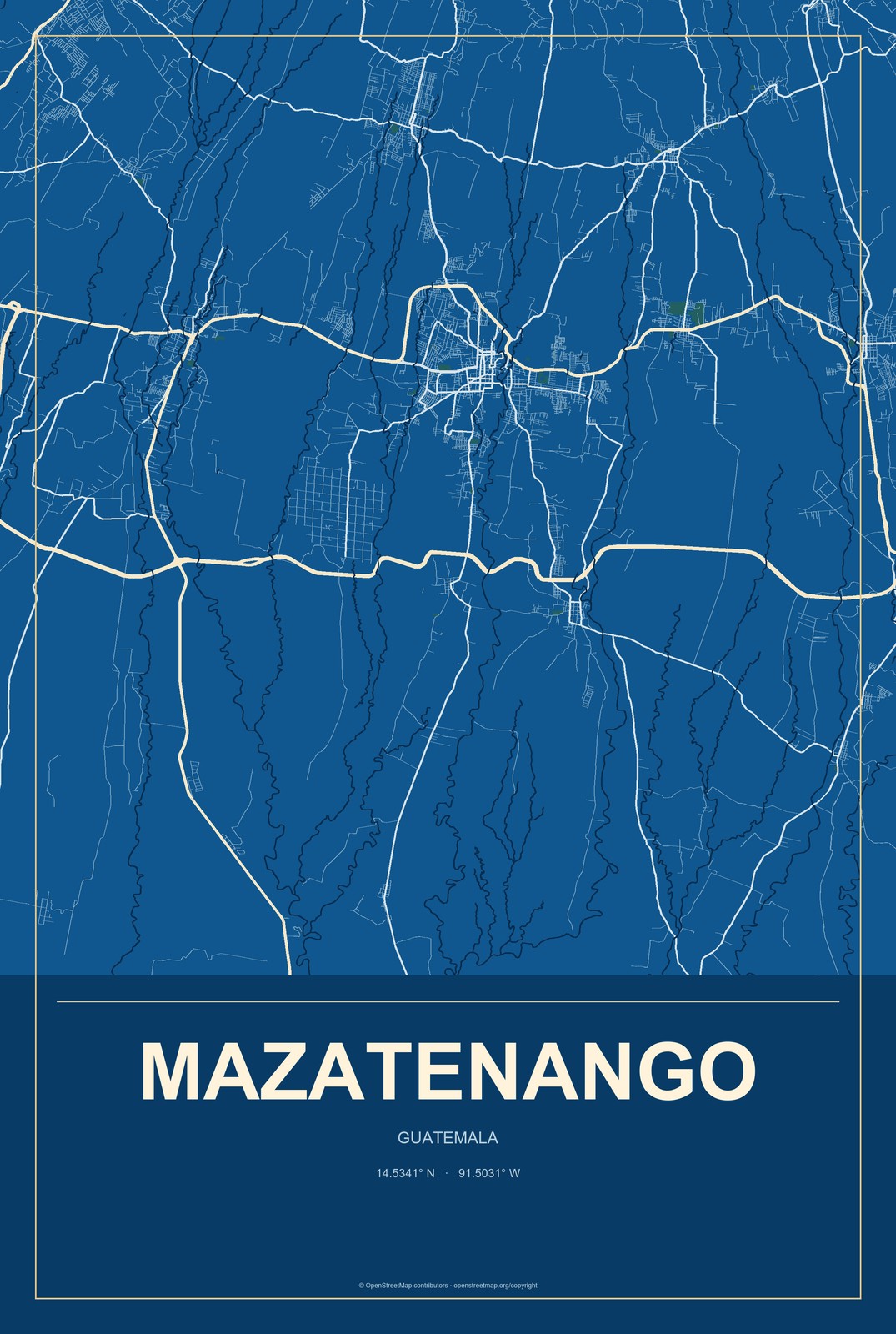 Mazatenango, Guatemala City Map Aluminum Sign in Harbor Cobalt style