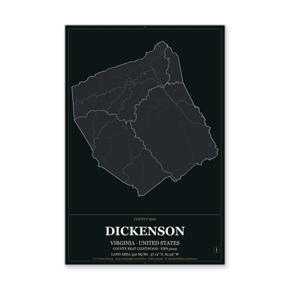Dickenson County, Virginia Map Aluminum Sign in Metropolitan Noir style