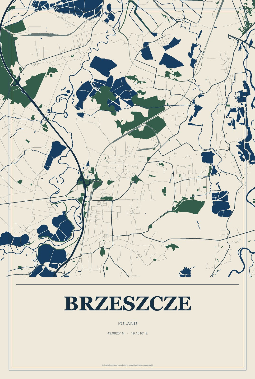 Brzeszcze, Poland City Map Aluminum Sign in Coastal Cutout style