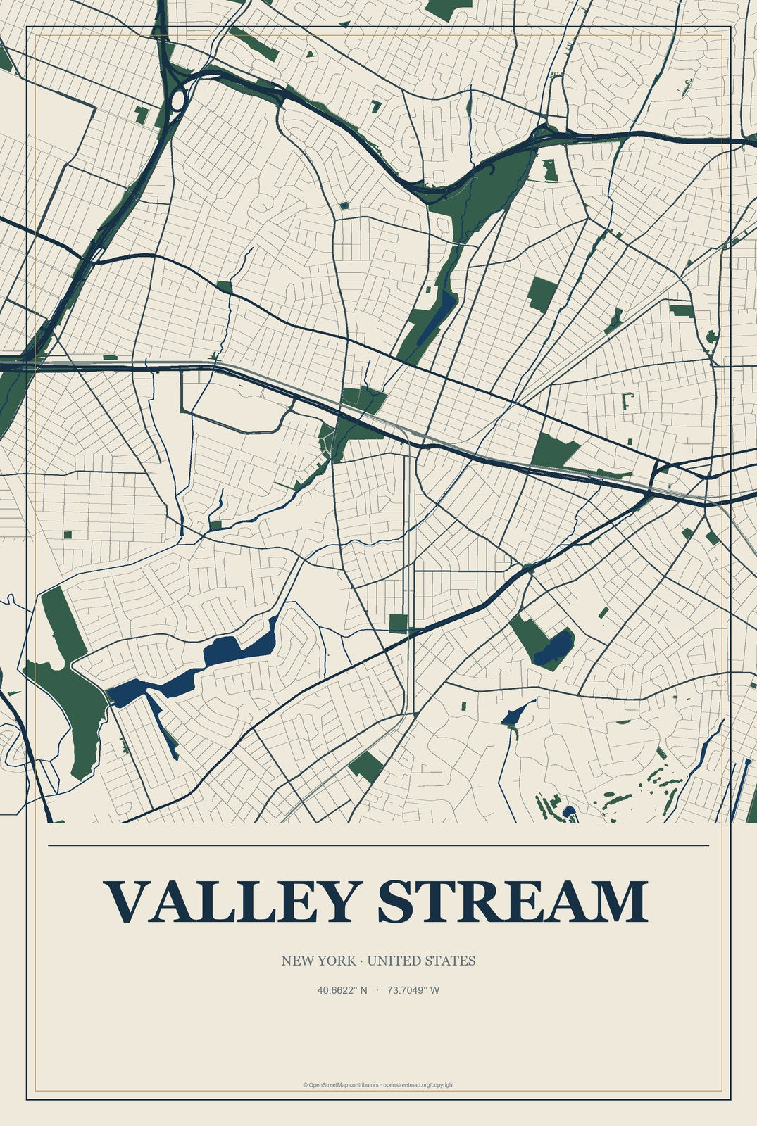 Valley Stream, New York City Map Aluminum Sign in Coastal Cutout style