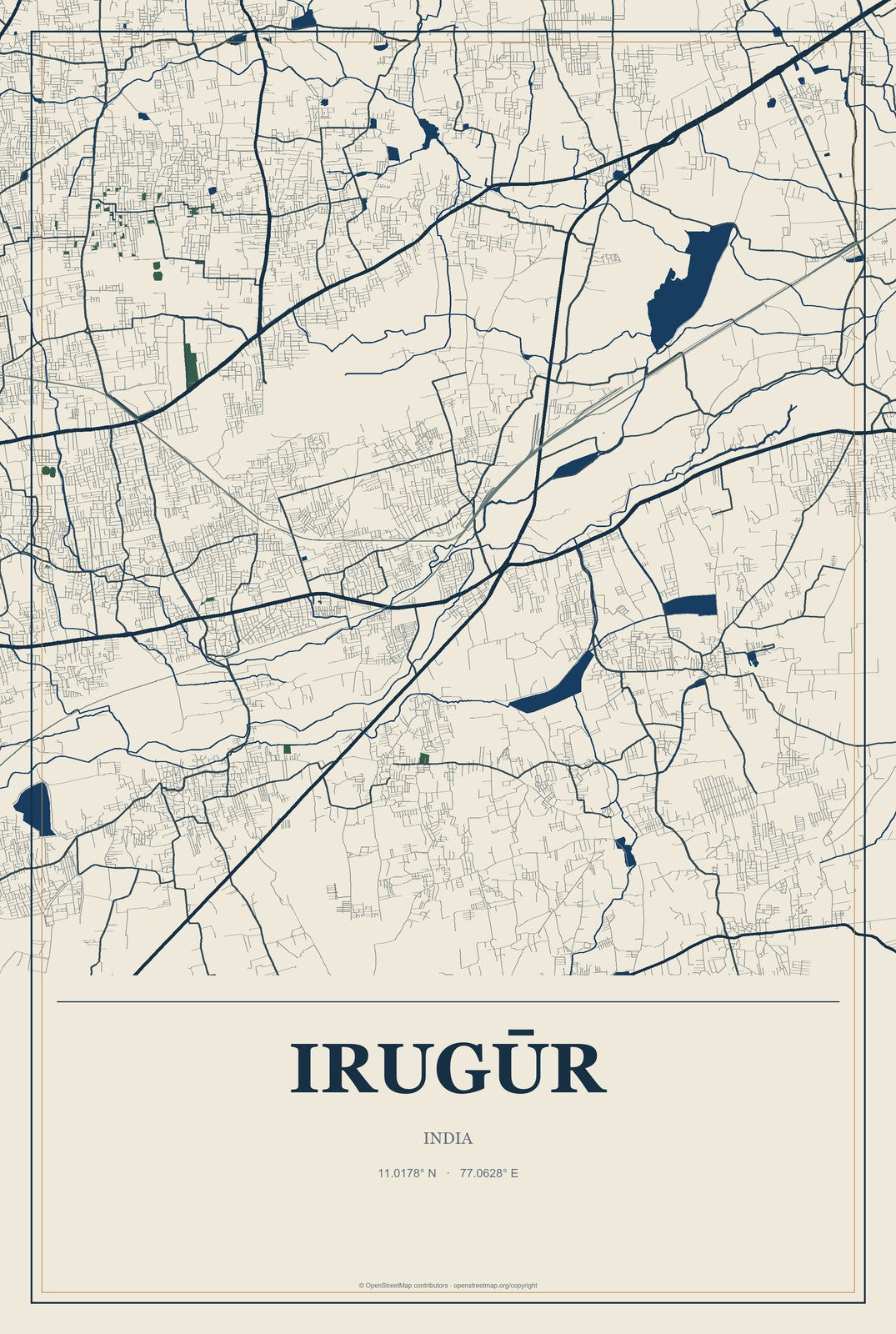 Irugūr, India City Map Aluminum Sign in Coastal Cutout style