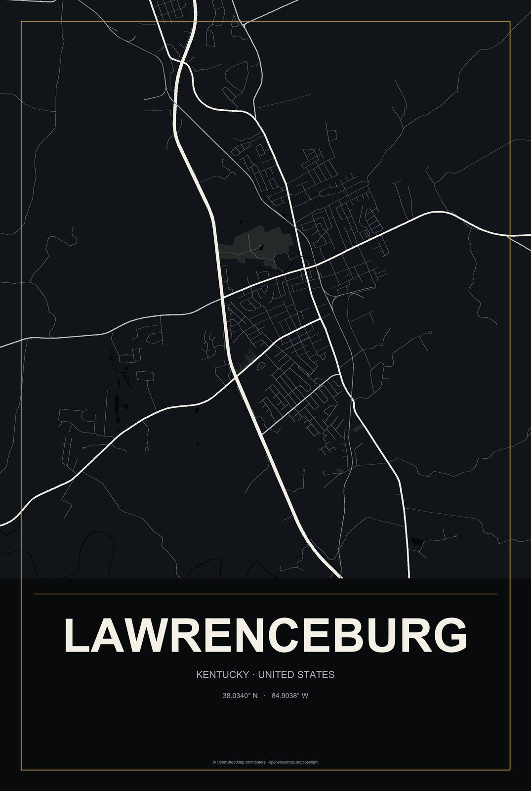Lawrenceburg, Kentucky City Map Aluminum Sign in Metropolitan Noir style