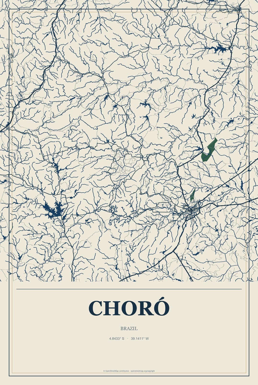 Choró, Brazil City Map Aluminum Sign in Coastal Cutout style