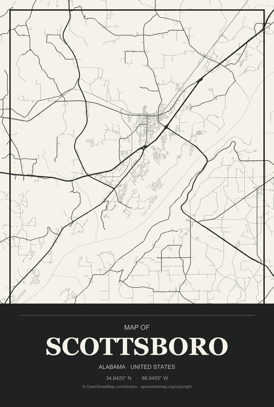 Scottsboro, Alabama City Map Aluminum Sign in Museum Plaque style