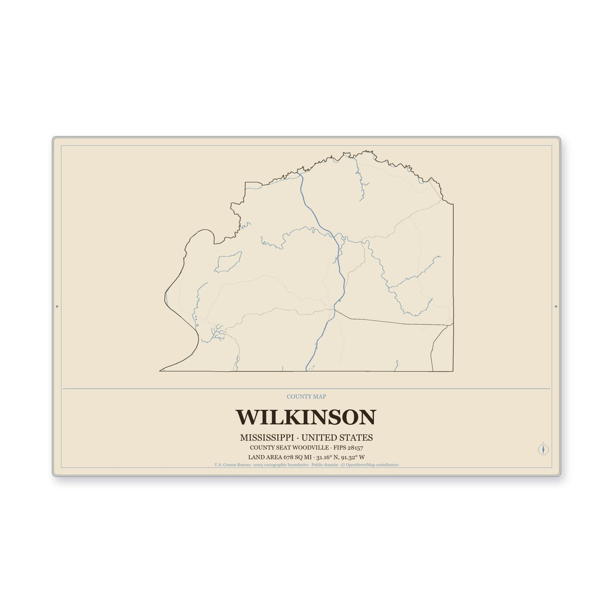 Wilkinson County, Mississippi Map Aluminum Sign in Heritage Nautical style