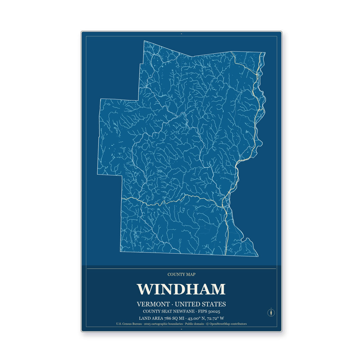 Windham County, Vermont Map Aluminum Sign in Harbor Cobalt style