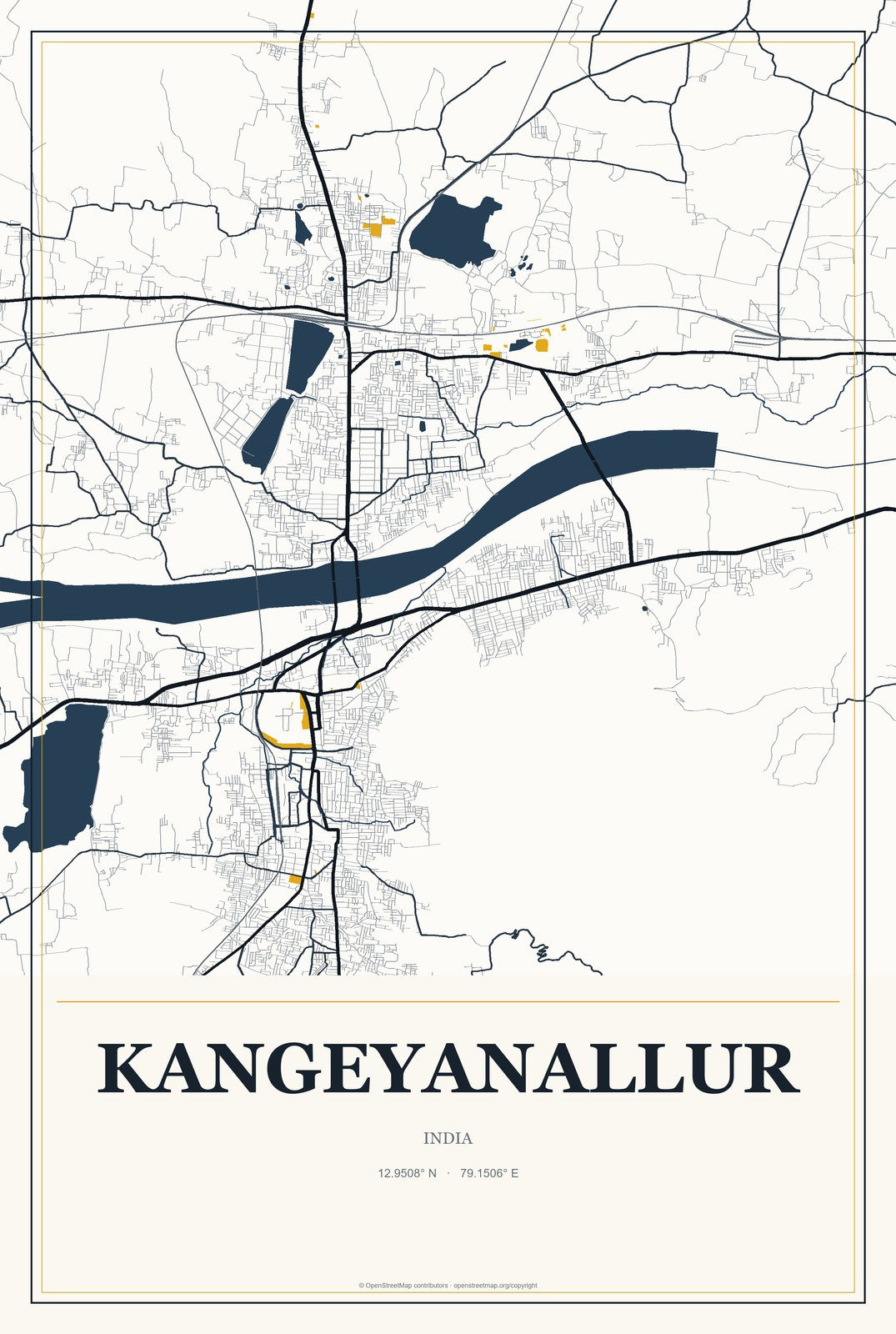 Kangeyanallur, India City Map Aluminum Sign in Citrine Modern style