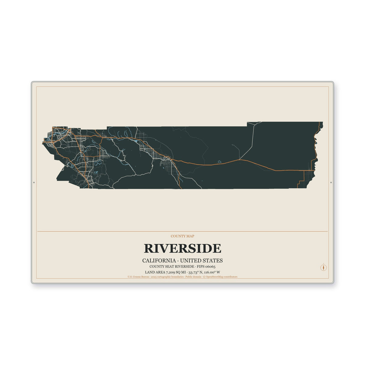 Riverside County, California Map Aluminum Sign in Headline Atlas style