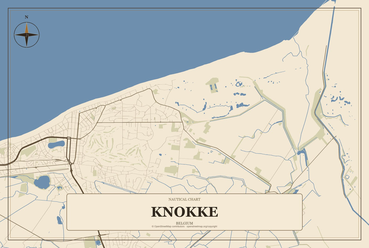 Knokke, Belgium City Map Aluminum Sign in Heritage Nautical style