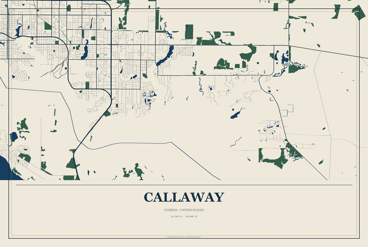 Callaway, Florida City Map Aluminum Sign in Coastal Cutout style