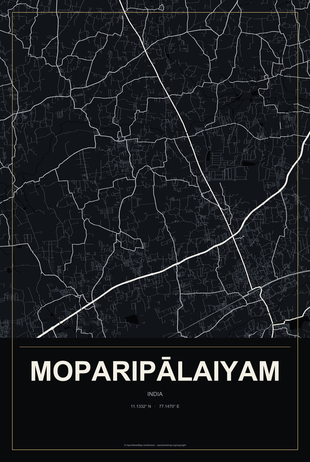 Moparipālaiyam, India City Map Aluminum Sign in Metropolitan Noir style