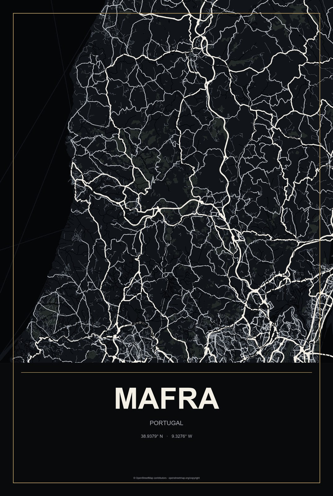 Mafra, Portugal City Map Aluminum Sign in Metropolitan Noir style