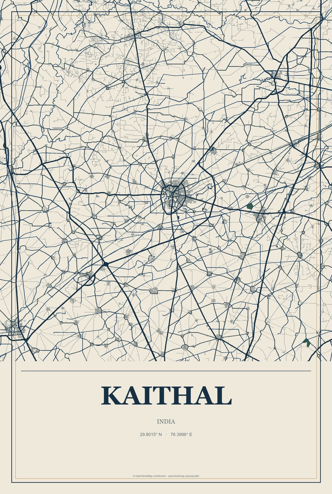 Kaithal, India City Map Aluminum Sign in Coastal Cutout style