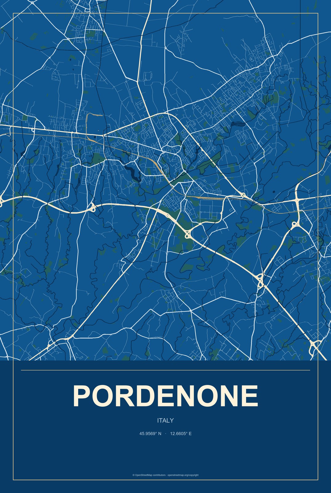 Pordenone, Italy City Map Aluminum Sign in Harbor Cobalt style