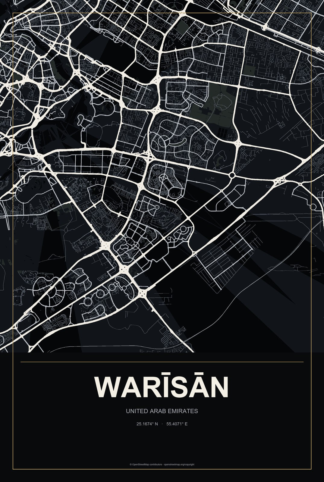 Warīsān, United Arab Emirates City Map Aluminum Sign in Metropolitan Noir style