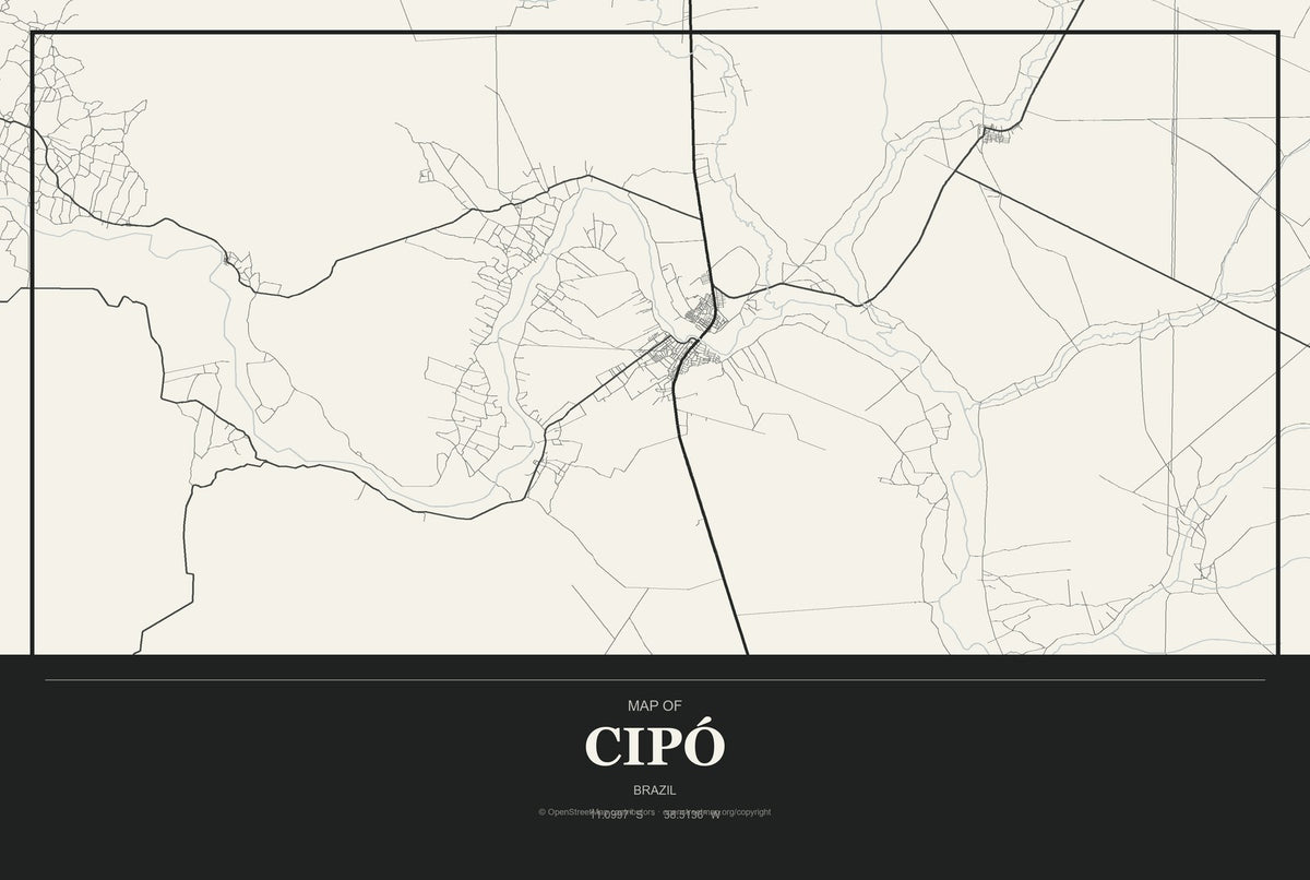 Cipó, Brazil City Map Aluminum Sign in Museum Plaque style