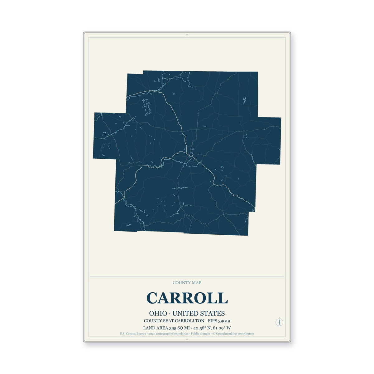 Carroll County, Ohio Map Aluminum Sign in Coastal Cutout style