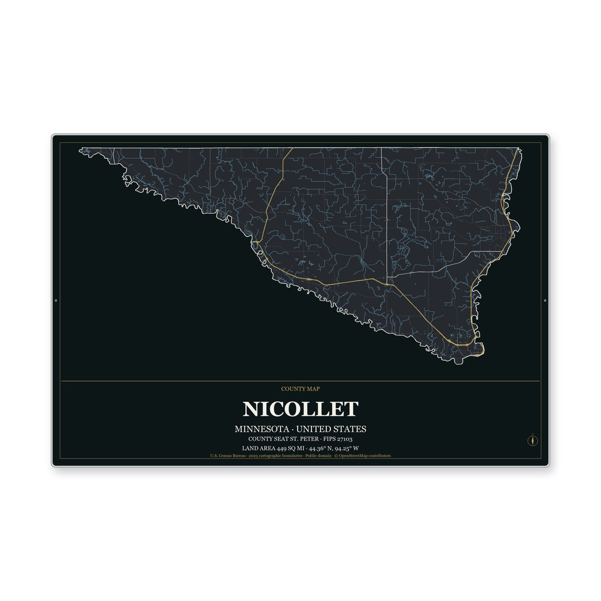 Nicollet County, Minnesota Map Aluminum Sign in Metropolitan Noir style