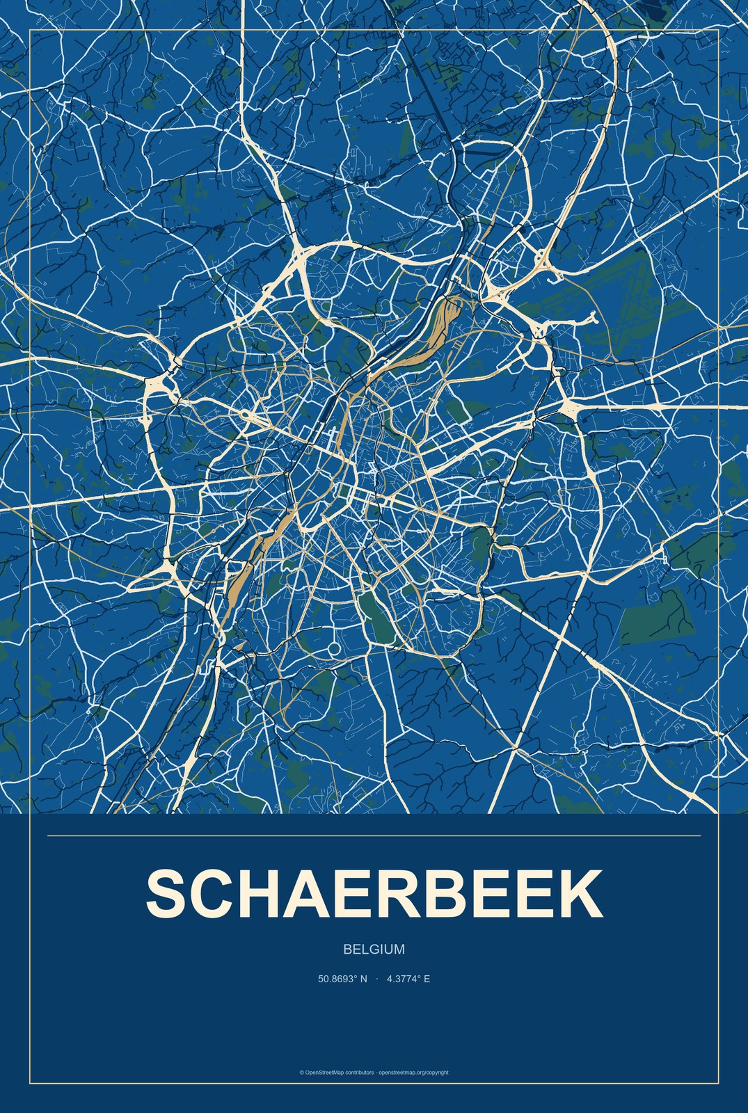 Schaerbeek, Belgium City Map Aluminum Sign in Harbor Cobalt style