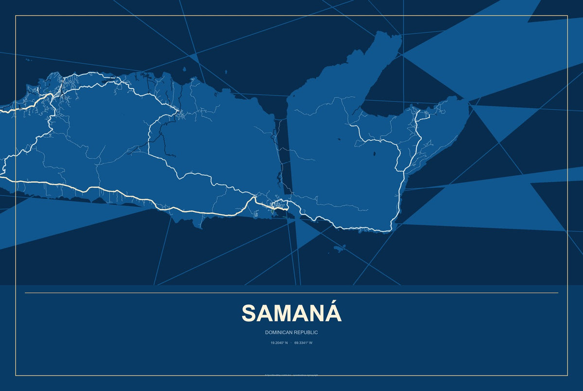 Samaná, Dominican Republic City Map Aluminum Sign in Harbor Cobalt style