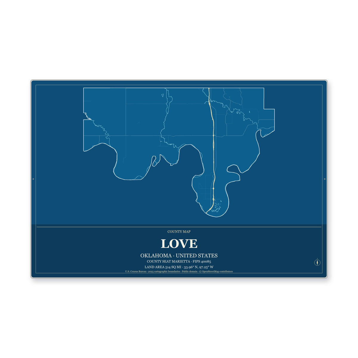 Love County, Oklahoma Map Aluminum Sign in Harbor Cobalt style