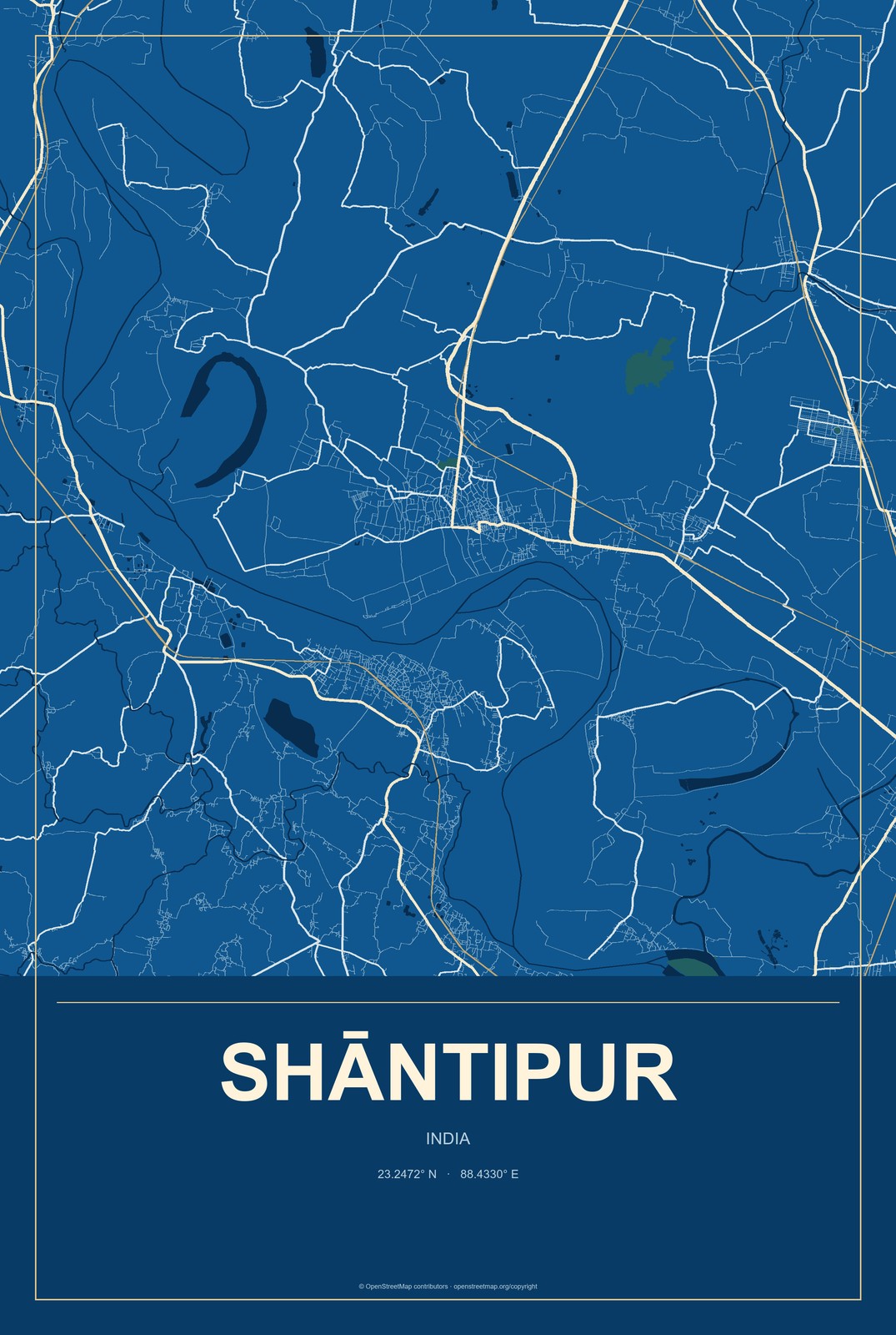 Shāntipur, India City Map Aluminum Sign in Harbor Cobalt style